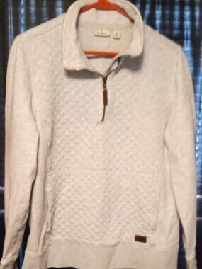 LL Bean Quilted 1/4 Zip Pullover Sweater Womens L lt grey Pockets Casual READ!!